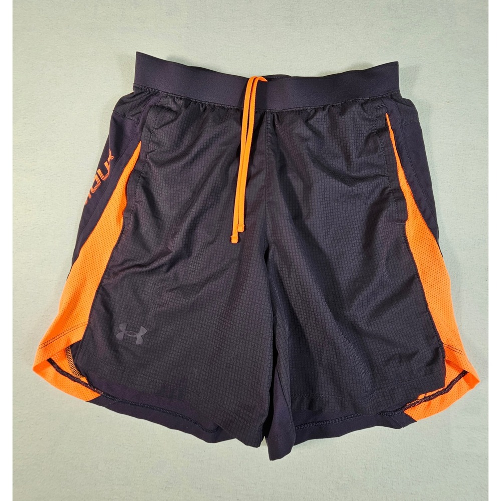 Under Armour Mens Fitted Running Shorts Black Orange Mesh Side Panels Medium